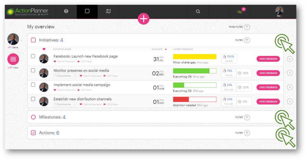 Using “List view” - ActionPlanner